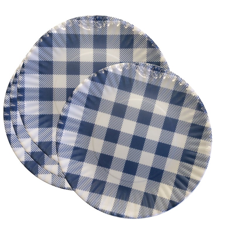 What Is It?" Reusable Blue & White Gingham Checkered Picnic/Dinner Plate, 7.5 Inch Melamine, Set of 4